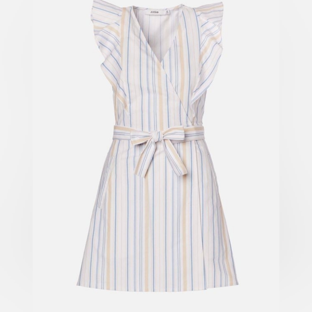 JustFab White and Blue Ruffled Sheath Dress